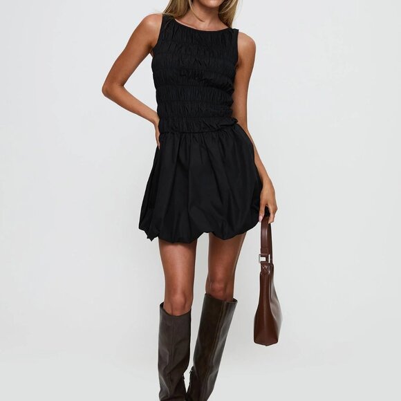 Princess Polly Demure shirred bubble hem mini dress black - Picture 1 of 3